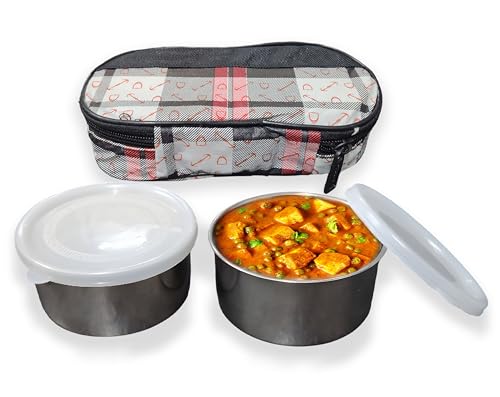 Image of Taxton Stainless Steel Lunch Box with 2 Containers and Insulated Carry Bag, Checkered Pattern, Plastic Lid (Black)