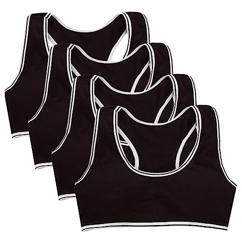 4 Pack Teen Girls Sports Bra Elastic Wide Strap Padded Girls Training Bra Seamless Crop Tops Stretch Underwear for 7-16 Years Black