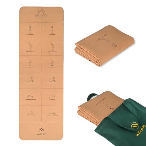 Image of Wiselife Cork Foldable Yoga Mat + Carry Bag | Extra Thick Extra Long Extra Wide Exercise Floor Mat For Gym, Workout, Fitness| TPE Yoga Mat (2mm, Cork Sun Salutation)