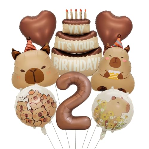 Image of Capybara Birthday Foil Balloon Set, 8-Piece Party Decor (2) | Reusable foil balloon set with capybara, cake,number . Perfect for birthday, baby shower, gender reveal & themed parties