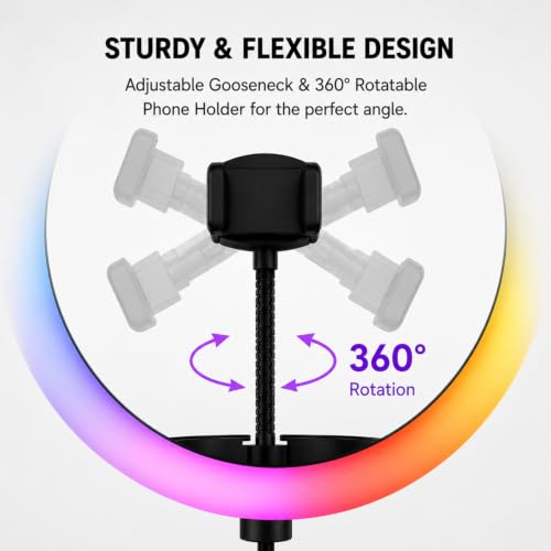 Image of Bestor 10 Inch RGB Ring Light with Phone Holder, 3 Light Modes, 10 Brightness Levels, USB Powered LED Selfie Ring Light for Video Recording, Live Streaming, Makeup, Photography & Online Classes