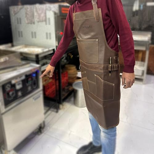 DEMHAAS® Premium Grillschürze aus Echtleder – Handgefertigte Lederschürze für Männer | BBQ-, Grill- & Kochschürze mit Taschen | Verstellbare Riemen | Vintage Braun (Braun)