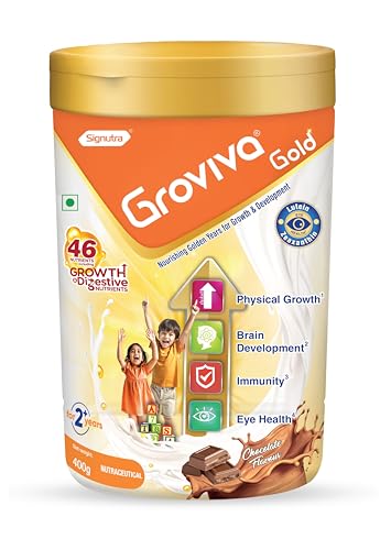 Image of Groviva Gold Milk Protein Powder for Kids | 2-6 Years | 400g Chocolate Jar| 46 Nutrients | Growth & Digestive Nutrients | Supports Physical Growth, Brain Development, Immunity & Eye Health
