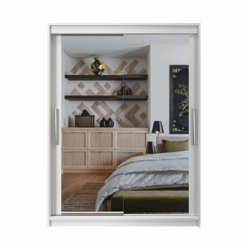 Easy4You - Easy4You White Series Vollspiegel 150 cm Schwebetürenschrank Breiten 100/120/150/180/200 cm Möbel für Schlafzimmer Wohnzimmer Kleiderschrank mit Kleiderstange