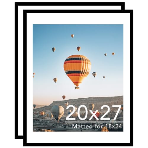Image of JCJMY 20x27 Picture Frame Set of 2 with 18x24 Mat, Black 20 x 27 Poster Frames with Shatter Resistant Plexiglass, Display 18 x 24 with Mat or 20 by 27 Without Mat, Sturdy Wall Hanging Frames