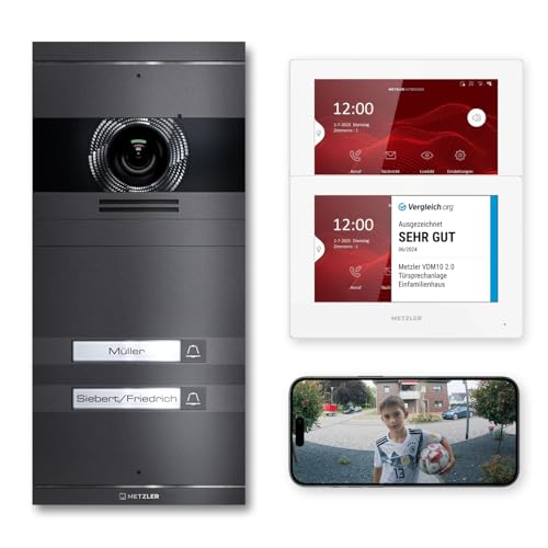 Metzler VDM10 2.0 Videoportero kit completo con placa de nombre intercambiable - sistema 2 hilos - videoportero con cámara HD para vivienda bifamiliar, app móvil, antracita en acero inoxidable V2A