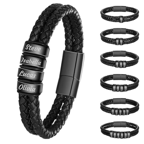 Pulseras de Cuero Trenzadas Personalizadas Pulsera de Cuero a Medida con 1-6 Nombres Grabados para Hombres para Navidad Día de San Valentín Día del Padre Cumpleaños Aniversario de Boda (Negro puro)