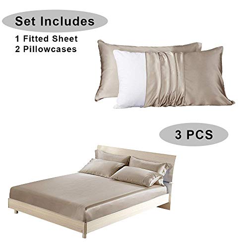 Lilysilk 3Pc Silk Fitted Sheets Set 100% Mulberry Silk 6A Grade, 2 Silk Pillowcases And 1 Silk Fitted Sheet, 16 Inch Deep Pocket, 19 Momme Silk Bed Sheets Taupe, Queen Size #TOP1