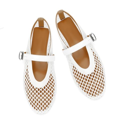 Image of DOEYG Mesh Ballet Flats for Women Buckle Strap Comfy Casual Office Fishnet Ballerina Flat Shoes