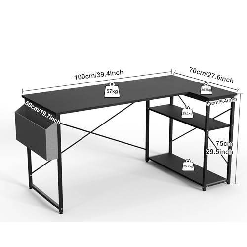 L-förmiger Schreibtisch – 100x70 cm Gaming Tisch mit Ablagefächer, Umkehrbarer PC Ecktisch Computertisch, Corner Gaming Tisch für Studium Arbeit Zuhause Schlafzimmer, Schwarz – Bild 4