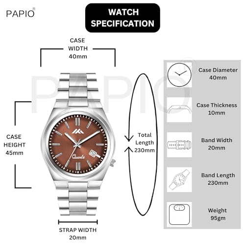 Image of PAPIO Men's Quartz Analogue Watch, Silver Stainless Steel Band, Round Dial with Date Display