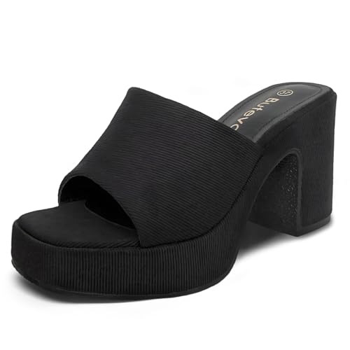 Women's Square Toe Heels Chunky Comfort High Heeled Sandals Slip on Mules Block Platform Heels Casual Dress Shoes