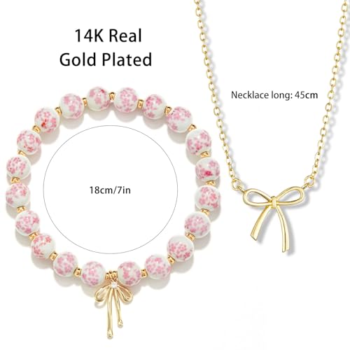 Bow Bracelet Necklace Set 14K Gold Beaded Bracelet Dainty Bow Pendant Choker Jewelry Gift Set4
