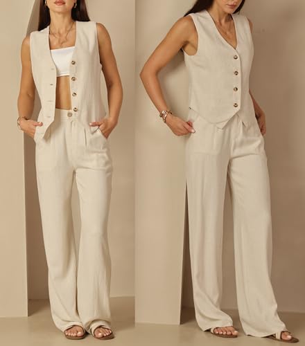 Fakanhui Damen-Weste, Leinen, V-Ausschnitt, Knopfleiste, Business, Arbeit, Urlaub, ärmellos, Blazer, Weste, Jacke, Beige, XX-Large