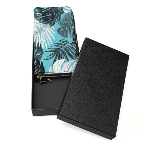 Tropical Leaves in Black White Pastel PU Leather Clutch Long Bifold Wallet, Coin Purse Credit Pass Case, Durable Card-Holder Money Storage for Women Men3
