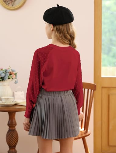 Image of Yekaty Girls Shirts Casual Solid Color Crewneck Blouses Soft Long Sleeve Swiss Dots Chiffon Tops