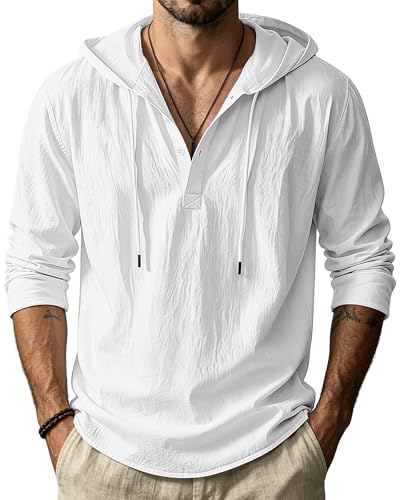 QOSOQ White Mens Cotton Linen Hoodies Casual Hooded Long Sleeve Button Down Shirts Lightweight Casual Hawaiian Beach Sweatshirts