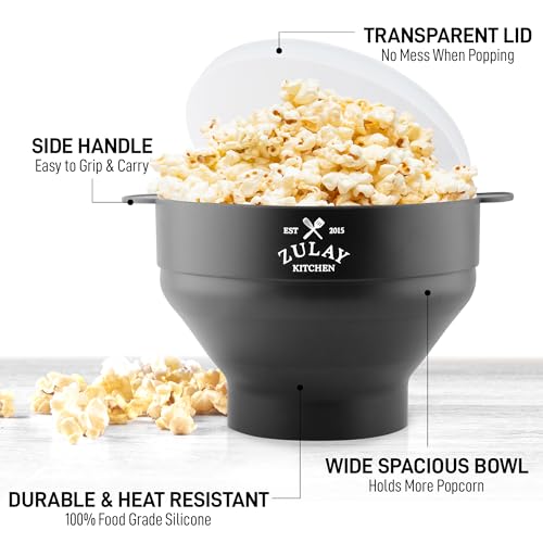 Image of Zulay Microwave Popcorn Popper Bowl Maker with Lid - Collapsible, BPA-Free Silicone, Dishwasher Safe, Wide Spacious Size, No Oil Needed - Family Movie Night Supplies - Black