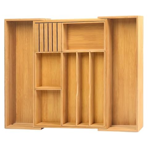 comfoyar Bamboo Kitchen Drawer Organizer, Expandable Silverware Cutlery Tray with Removable Grooved Drawer Dividers and Knife Block, for Flatware and Kitchen Utensils, 3-10 Slots Natural Cover