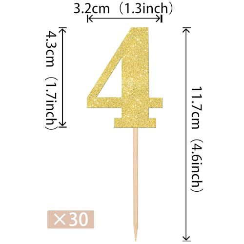 Zhuoweism ZWA1422-GOLD 4 30 Pcs Number 4 Cupcake Toppers Glitter 4Th Birthday Cupcake Picks Age Four Cheers To 4 Years Old Cake Decorations thumb #1