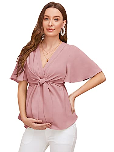 Floerns Women's Casual Maternity Flutter Sleeve Tie Front Peplum Blouse Tops Pink Xl #TOP19