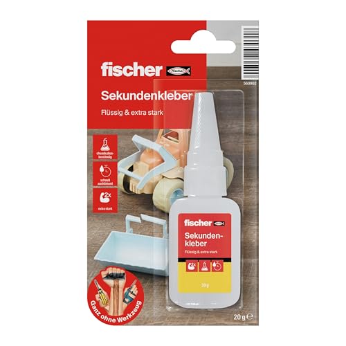 fischer Sekundenkleber, 20 g, extra schneller Sekundenkleber zum Reparieren & Kleben, Universalkleber mit starker Klebkraft, vielfältig einsetzbarer Klebstoff