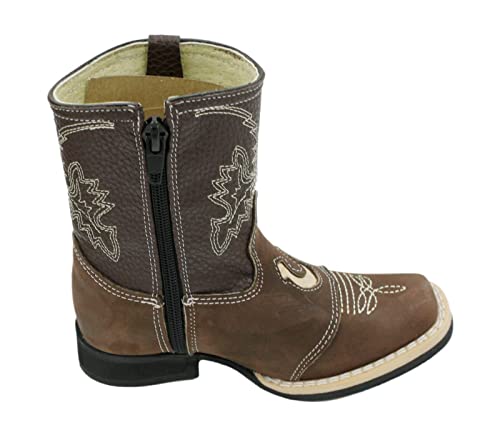 Dona Michi Kids Unisex Genuine Leather Western Rodeo Cowboy Side Zipper Boots Brown (7.5)