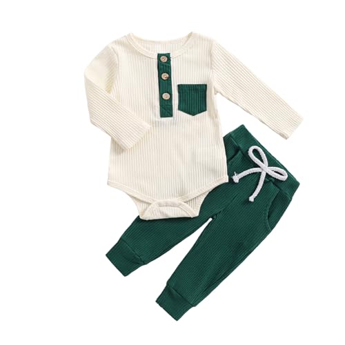 Image of fhutpw Baby Boy Clothes 3 6 12 18 Months Ribbed Knitted Long Sleeve Romper and Pants Sets Newborn Fall Splicing Color Outfits