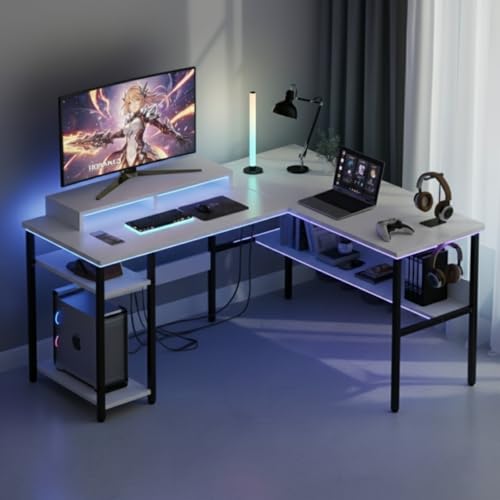 Image of TEKAVO Daino Computer Table for Home pc with CPU Storage | L Shape Office Table for Work | Corner Table with bottm Shelf | Workstation Table for Home | White Color