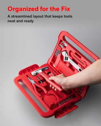Image of HOTO 40-Piece Tool Kit, Household Essentials Tool Set w /Smart Electric Screwdriver (LED, 3 Torque) + 14 Tools & 26 Accessories | Pro-Grade Compact Organizer for Home, Dorm Repairs, DIY (Neon Red)