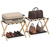 COSTWAY 2 Pz di Portavaligia Pieghevole, Porta Valigie in Bamboo con Cinghie e Ripiani in Tessuto Oxford, Portata 65 kg, per Hotel e Viaggio (Naturale)