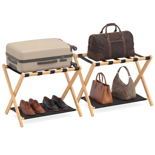 Giantex Bamboo Luggage Racks Set of 2, Folding Suitcase Stands with Nylon Straps and Oxford Cloth Storage Shelves, Space Saving Luggage Stand Holders for Guest Room, Bedroom and Hotel (Natural + Black)