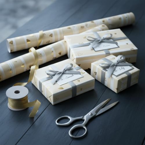 Image of Perttykrafts Golden Heart Gift Wrapping Paper | Pack of 5 | 70x50x0.2 cm | Large Size | Reusable & Eco-Friendly Paper Bags for Gifting, Parties, Return Gifts, Shopping and Special Occasions
