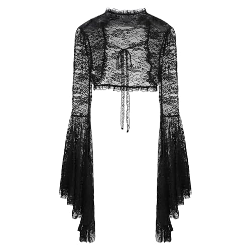 SIQITECHUK Women Gothic Lace Shrug Black Lace Long Flare Sleeve Bolero Goth Bell Sheer Sleeve Crop Top Y2k Laces (Style 3)