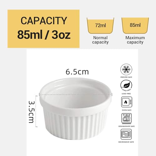 6.5CM White Porcelain Ramekins 85ML Baking Cups for Souffle Porcelain Souffle Dish for Small Cakes Creme Brulee Pudding and Ice Cream Sauce and Dips- Durable Pack of 6 - Image 3