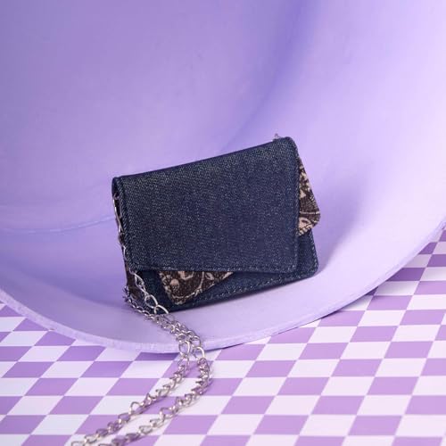 Image of ZOUK Tovi Mini Bag Wallet | Stylish Vegan Denim Crossbody Wallet for Women with Card Slots & Water-Resistant Lining | Handcrafted Small Sling Bag with Silver Chain Strap | FloMotif