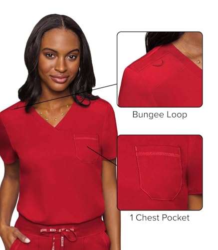 Image of Med Couture Women's V-Neck Scrub Top, Modern Fit Tuck-in Top with Stretchy Rib-Knit Shoulders and Chest Pocket - MC7448