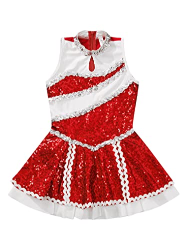 Oyolan Kids Girls Shiny Sequins Cheer Leader Uniform Outfit Sleeveless Zipper Back Cheerleading Dance Dress Red 6 Years #TOP2