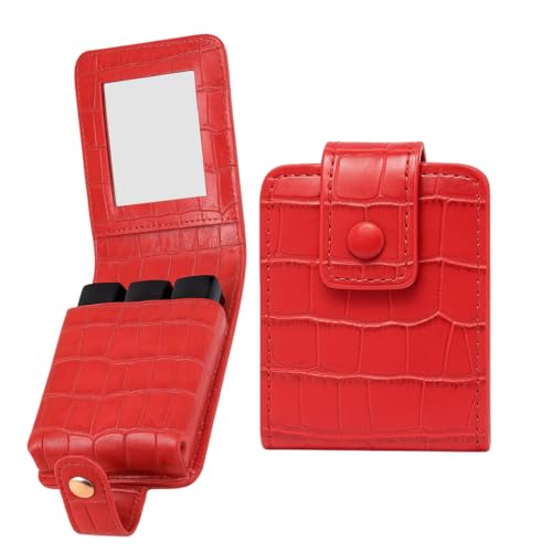 Estojo Porta Batom de Couro PU com Espelho – Organizador Portátil de Maquiagem para Viagem, Cabe até 3 Batons, Design Croco, Vermelho