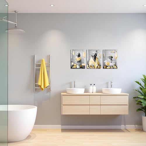 Image of sechars Funny Dogs Bathroom Wall Art Grey and Yellow Bath Decor Cute Animal Painting Canvas Print (Yellow)