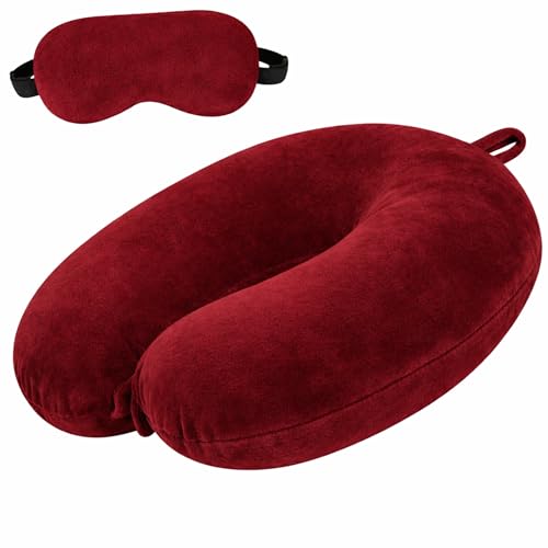 Image of Restify Premium Memory Foam Travel Neck Pillow with Eye Mask | Soft Velvet U Shape Neck Support Cushion for Flight, Airplane, Car & Office Travel | Portable Pillow for Men & Women | Maroon