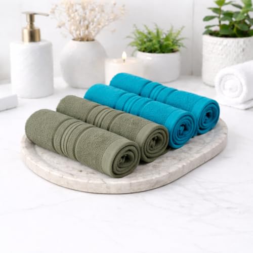 Image of Cotton Face Towel Pack of 4, 100% Cotton Towels, Soft Absorbent Small Gym Towel for Face, 400 GSM Quick Dry Bathroom & Travel Towels Men & Women, 30 x 30 cm, Green & Teal