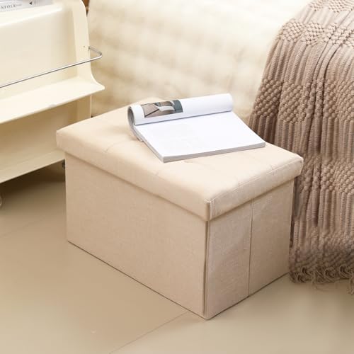 Image of Storage Ottoman Bench Foldable Footrest Foot Stool, 16 inch Fabric Beige