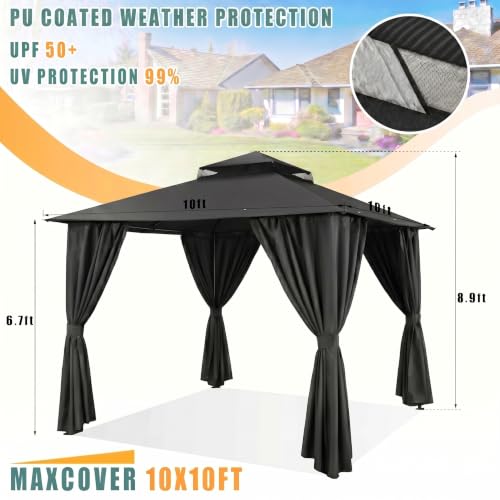 Image of COBIZI 10x10 FT Outdoor Gazebo, Soft Top Patio Gazebo with Ventilated Double-Tier Roof, Heavy-Duty Metal Frame Canopy with Removable Privacy Curtains for Backyard, Garden, Lawn, Black