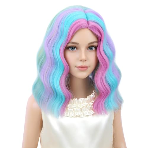 Image of PATTNIUM Kids Child Rainbow Wig Short Wavy Colorful Wig Multicolor Wigs Girls Synthetic Cosplay Halloween Party Costume Wigs