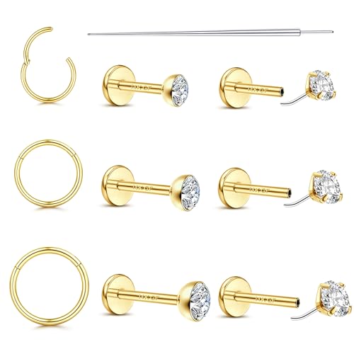 20G/18G Nose Rings Studs for Women Men - 14K Gold Filled Flat Back Nose Studs Nose Ring Hoops Hypoallergenic Surgical Steel Threadless Push in CZ Helix Tragus Conch Nostril Cartilage Piercing Jewelry