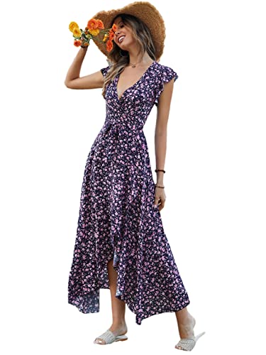 Robe fendue bohème asymétrique bleu marine à col en V plongeant L