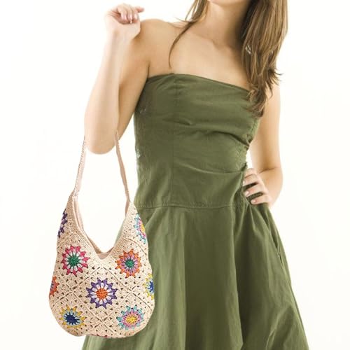 Women Knitted Shoulder Bag Beach Handbag Purse Colorful Flowers Crossbody Female Crochet Vacation3