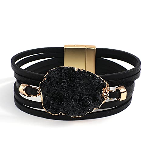 Black Genuine Leather Wrap Bracelet For Women Boho Layered Cuff Bracelets With Resin Stone Charm Multi Strand Bangle Bracelets Jewelry For Teen Girls Sister And Mother #TOP5