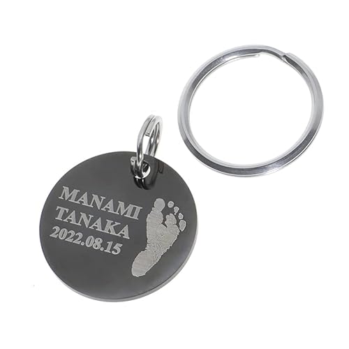 [CIEL CRAFT] 出産祝い 赤ちゃん 手形 足型 キーホルダー 名入れ ステンレス 真鍮 ベビー 彫刻 命名 内祝い お返し 誕生記念 ハーフバースデー メモリアル ギフト 100日記念 敬老 父の日 母の日 手形スタンプ インク (足一つ, ブラック(ステンレスクロム))